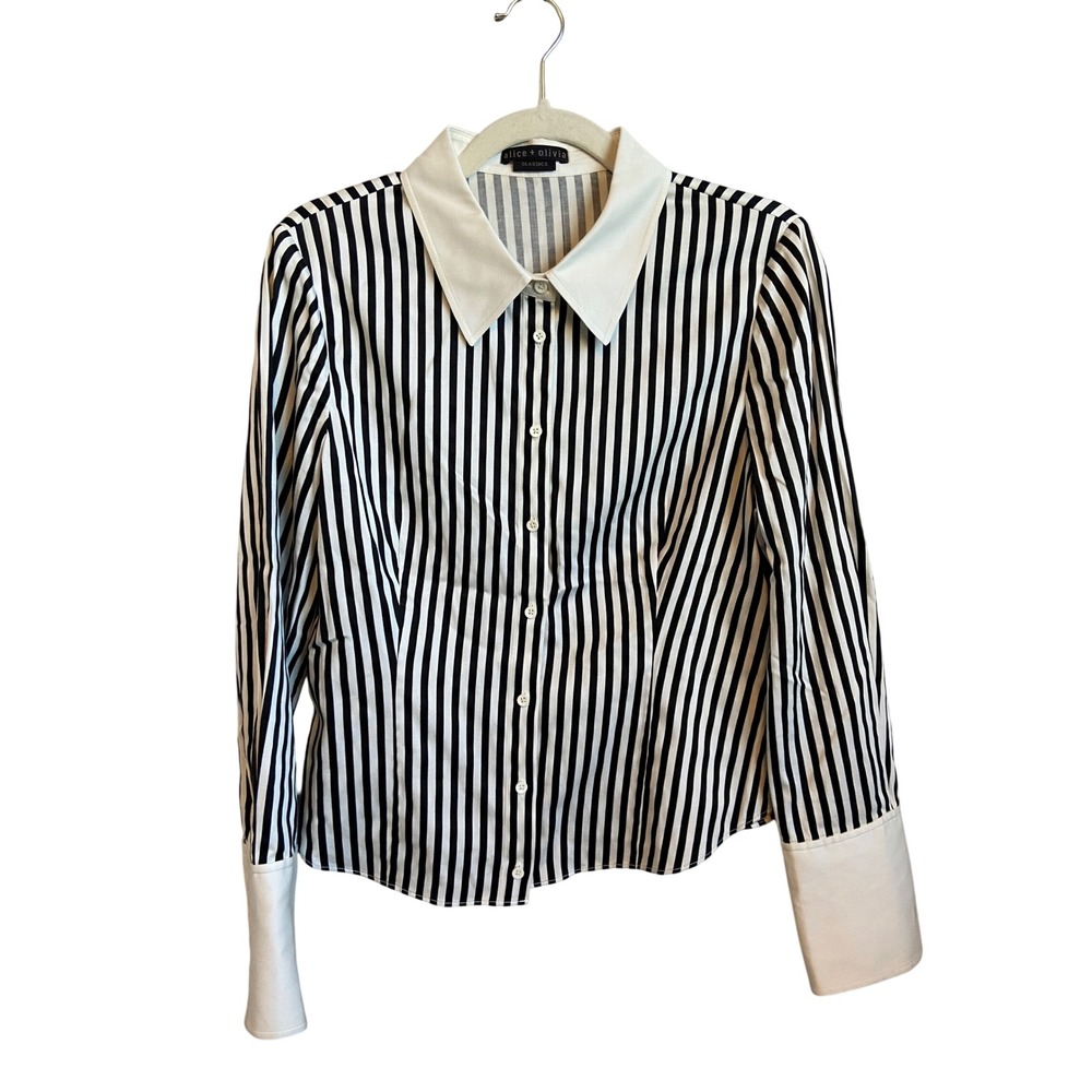 Alice + Olivia Classics Striped Button Down Shirt Black White Wide Cuff S